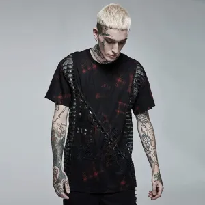 Herren Punk Mesh Splice Karo T-Shirt