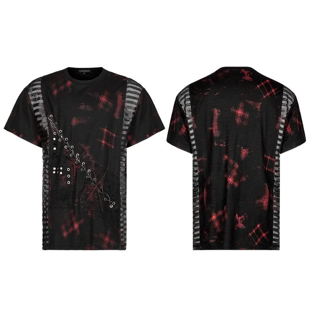 Herren Punk Mesh Splice Karo T-Shirt