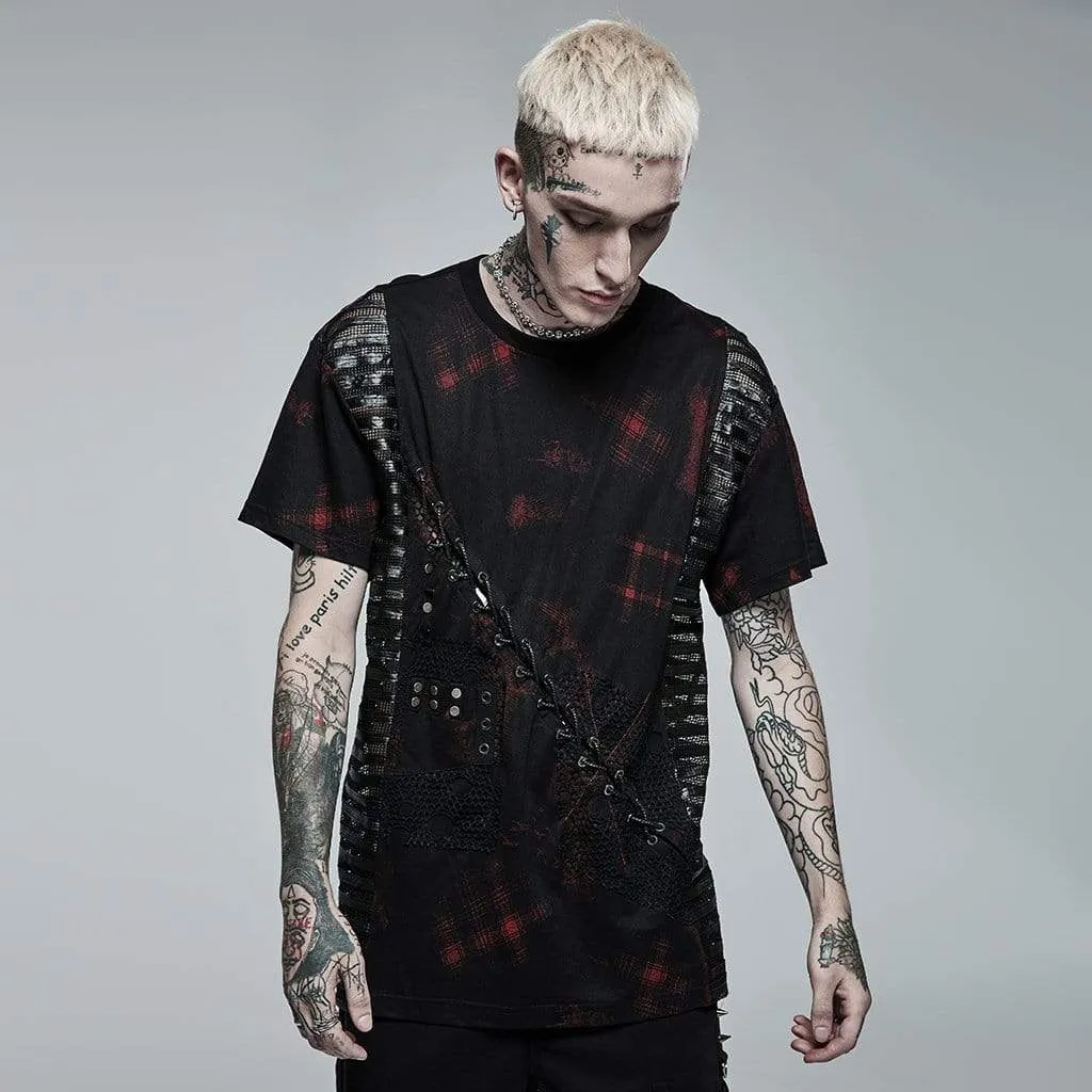 Herren Punk Mesh Splice Karo T-Shirt