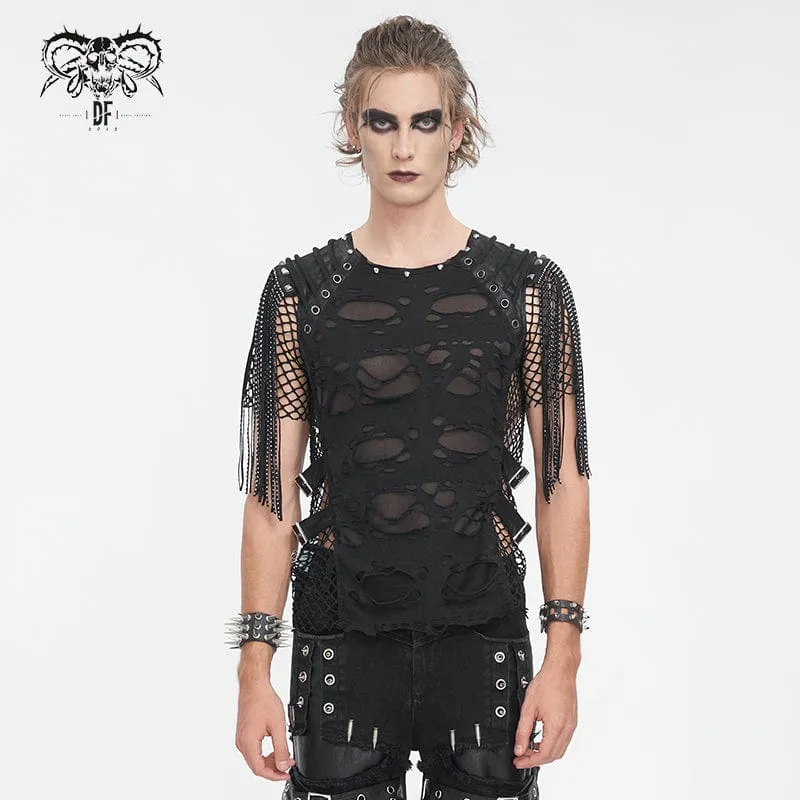 Herren Punk Zerrissen Quasten Mesh Splice T-Shirt