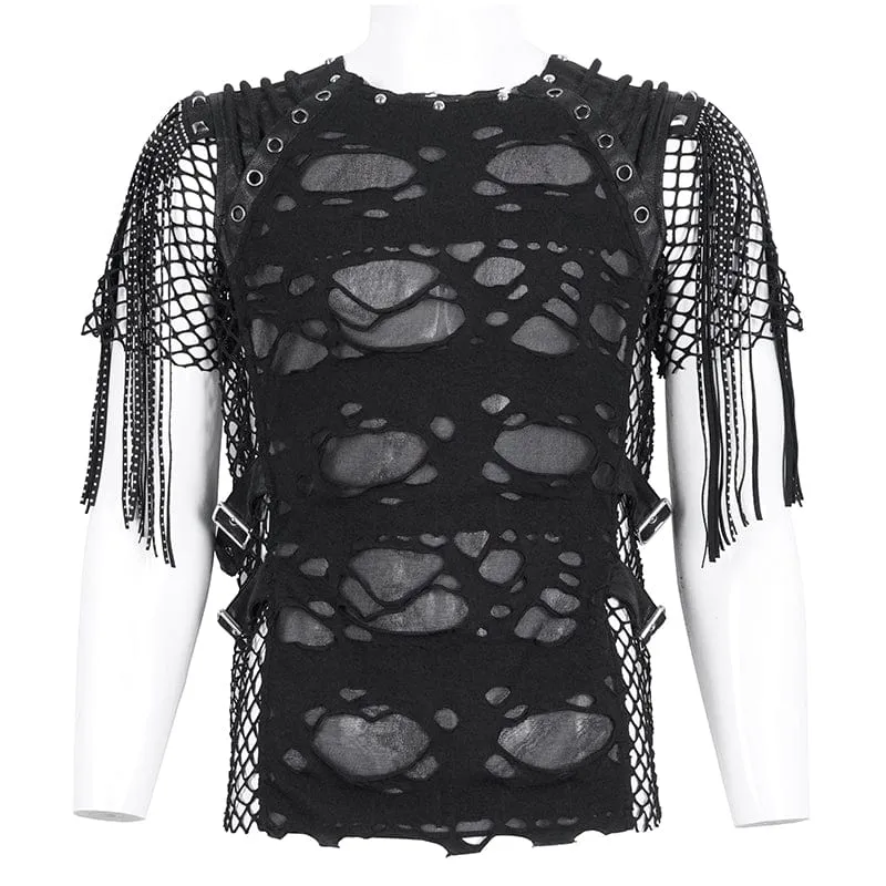 Herren Punk Zerrissen Quasten Mesh Splice T-Shirt