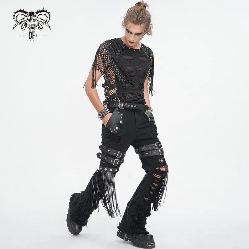 Herren Punk Zerrissen Quasten Mesh Splice T-Shirt