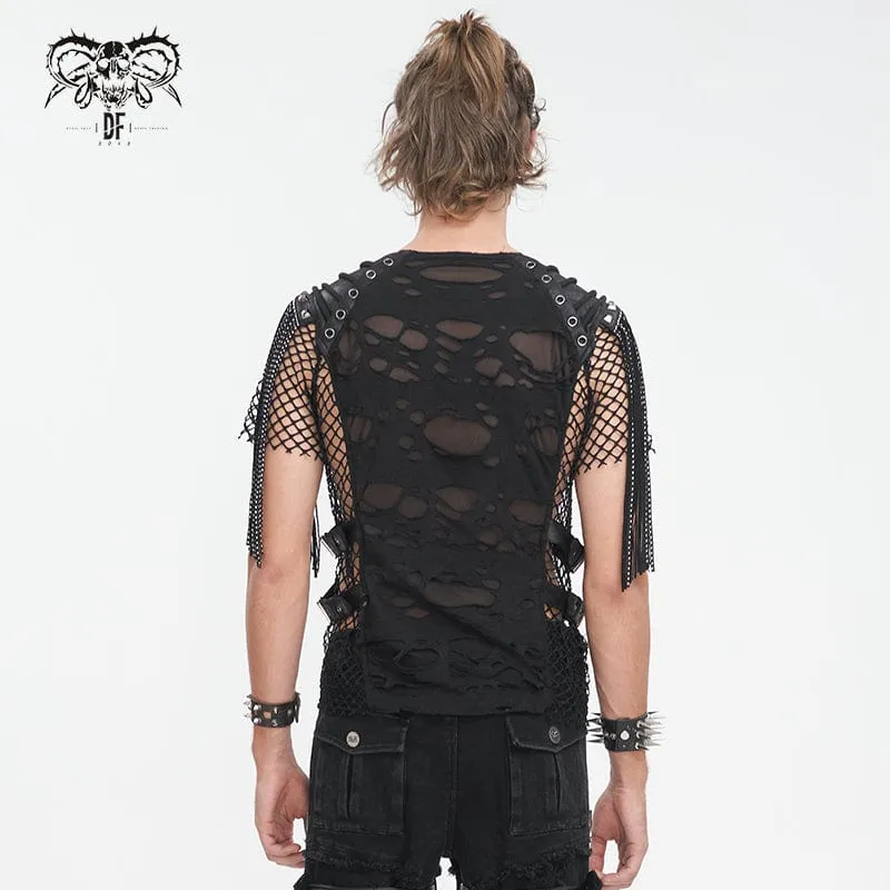 Herren Punk Zerrissen Quasten Mesh Splice T-Shirt