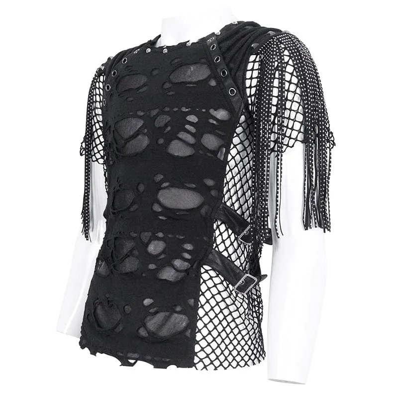 Herren Punk Zerrissen Quasten Mesh Splice T-Shirt