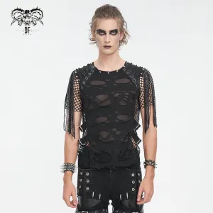 Herren Punk Zerrissen Quasten Mesh Splice T-Shirt