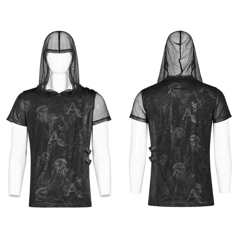 Herren Punk Totenkopf Mesh Kapuzen T-Shirts