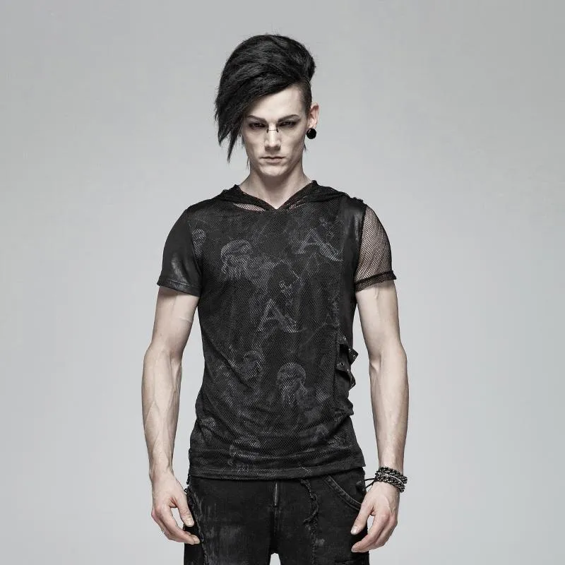 Herren Punk Totenkopf Mesh Kapuzen T-Shirts