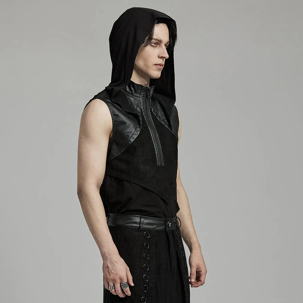 Herren Punk Stehkragen Kunstleder Splice Tanktop mit Kapuze