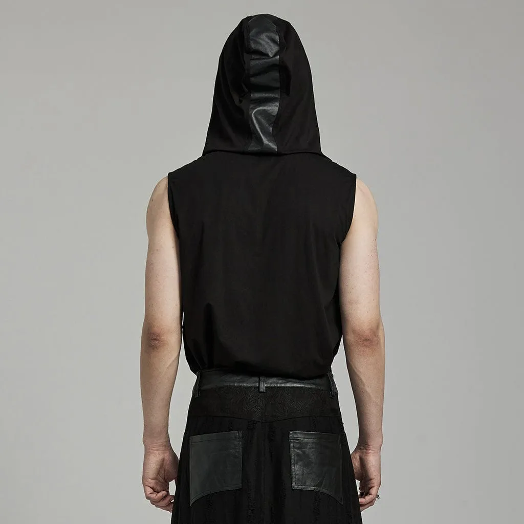 Herren Punk Stehkragen Kunstleder Splice Tanktop mit Kapuze