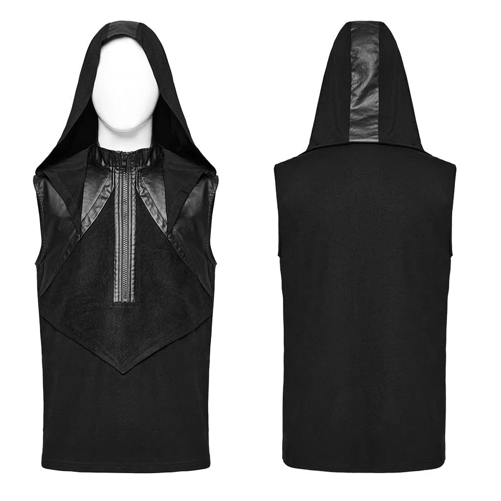 Herren Punk Stehkragen Kunstleder Splice Tanktop mit Kapuze