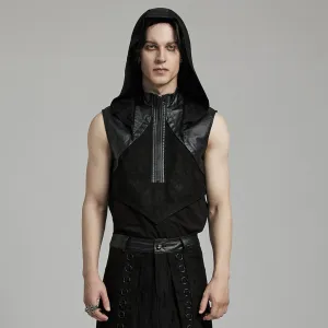 Herren Punk Stehkragen Kunstleder Splice Tanktop mit Kapuze