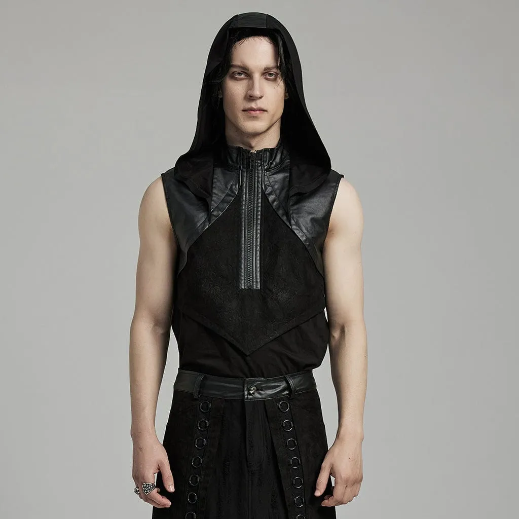 Herren Punk Stehkragen Kunstleder Splice Tanktop mit Kapuze