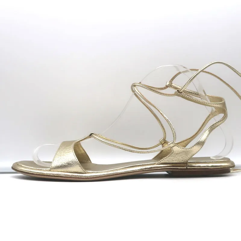 Miu Miu Flache Gladiatoren-Sandalen mit Knöchelriemen Gold Metallic Leder Größe 38.5