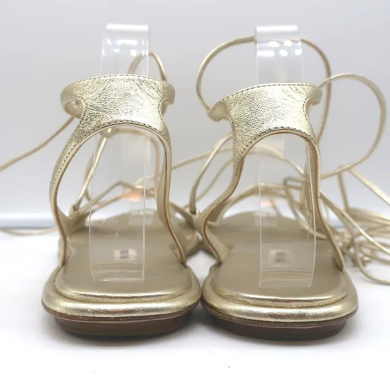 Miu Miu Flache Gladiatoren-Sandalen mit Knöchelriemen Gold Metallic Leder Größe 38.5