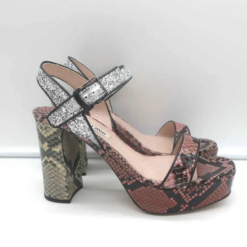 Miu Miu Plateau-Sandalen aus Schlangenleder & Glitzer Pink/Silber Größe 37,5 NEU