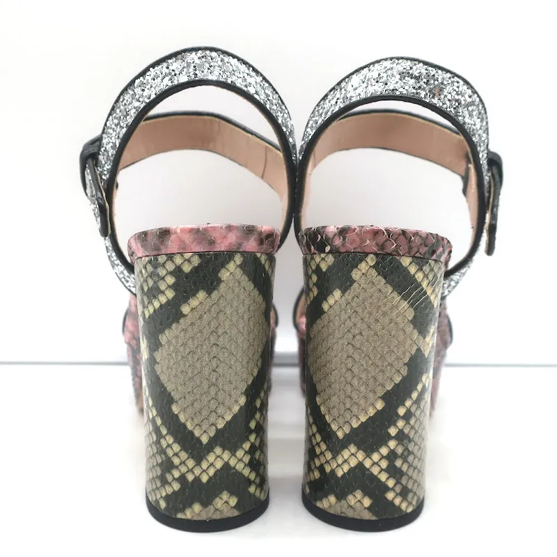 Miu Miu Plateau-Sandalen aus Schlangenleder & Glitzer Pink/Silber Größe 37,5 NEU