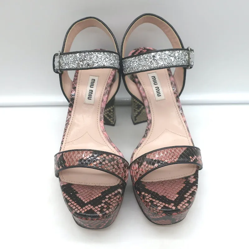 Miu Miu Plateau-Sandalen aus Schlangenleder & Glitzer Pink/Silber Größe 37,5 NEU