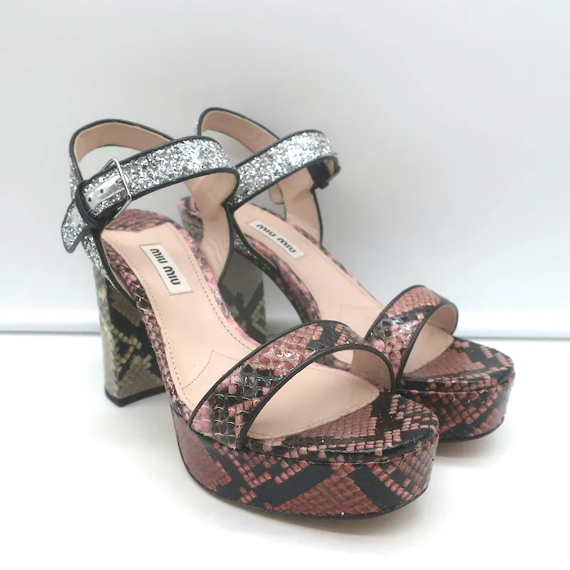 Miu Miu Plateau-Sandalen aus Schlangenleder & Glitzer Pink/Silber Größe 37,5 NEU