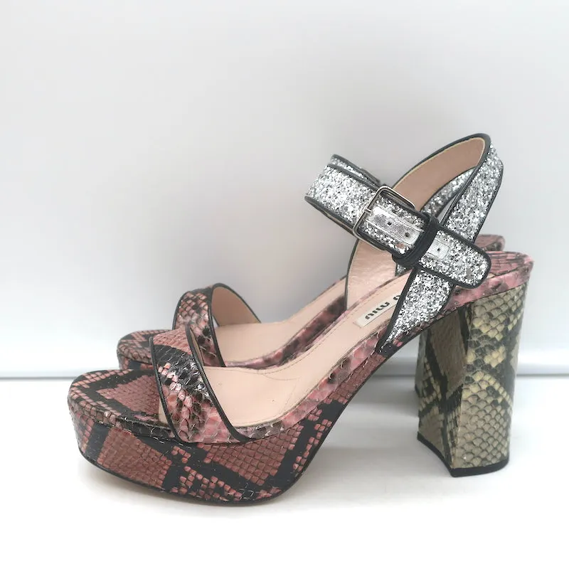 Miu Miu Plateau-Sandalen aus Schlangenleder & Glitzer Pink/Silber Größe 37,5 NEU