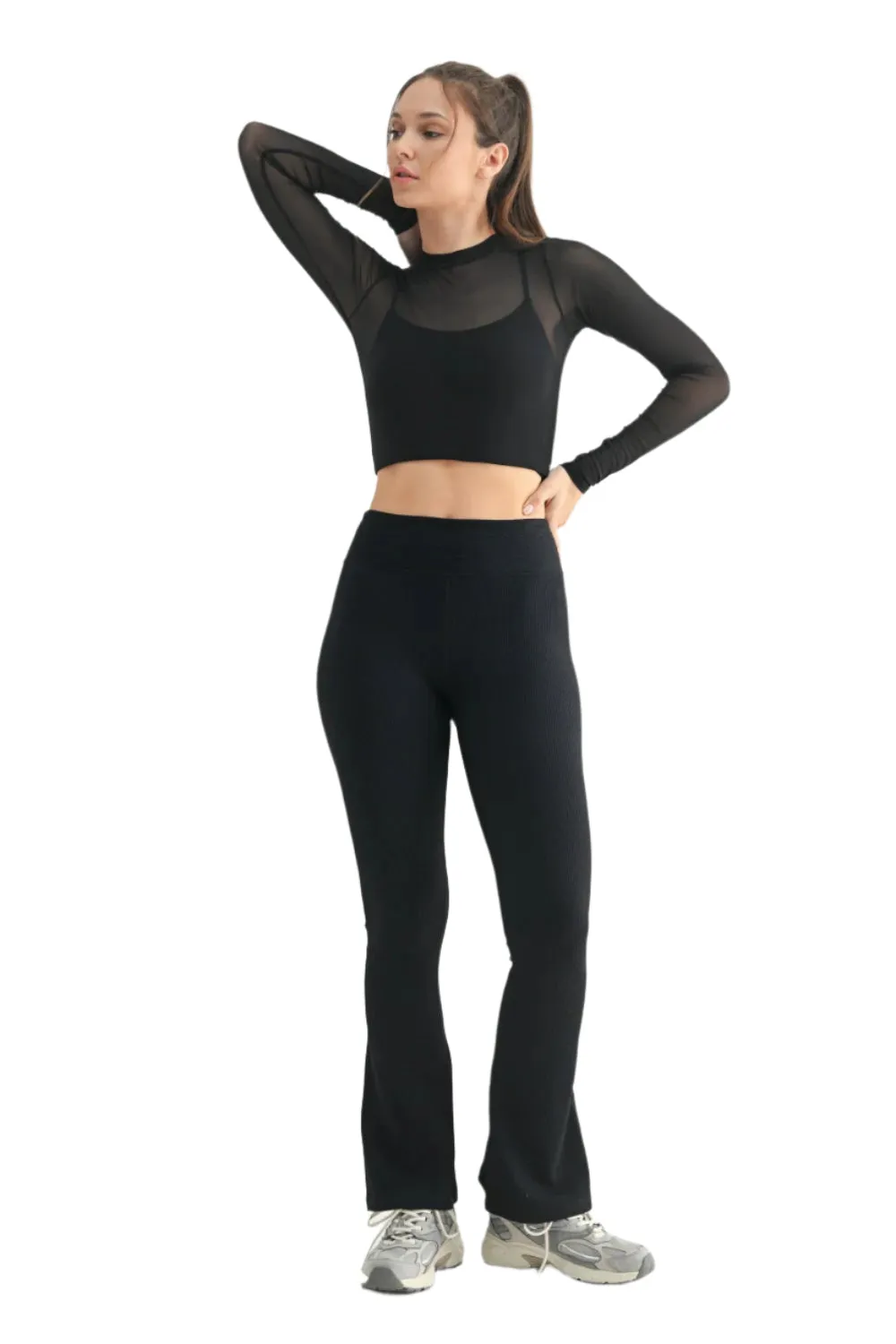 Mono B Durchsichtiges Mesh Langarm Crop Top mit Büstenhalter-Einlage ATR7302