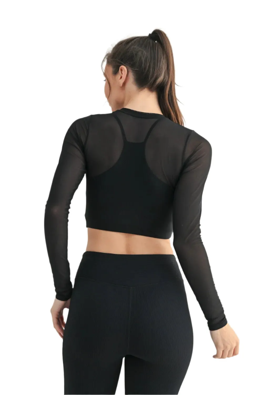 Mono B Durchsichtiges Mesh Langarm Crop Top mit Büstenhalter-Einlage ATR7302