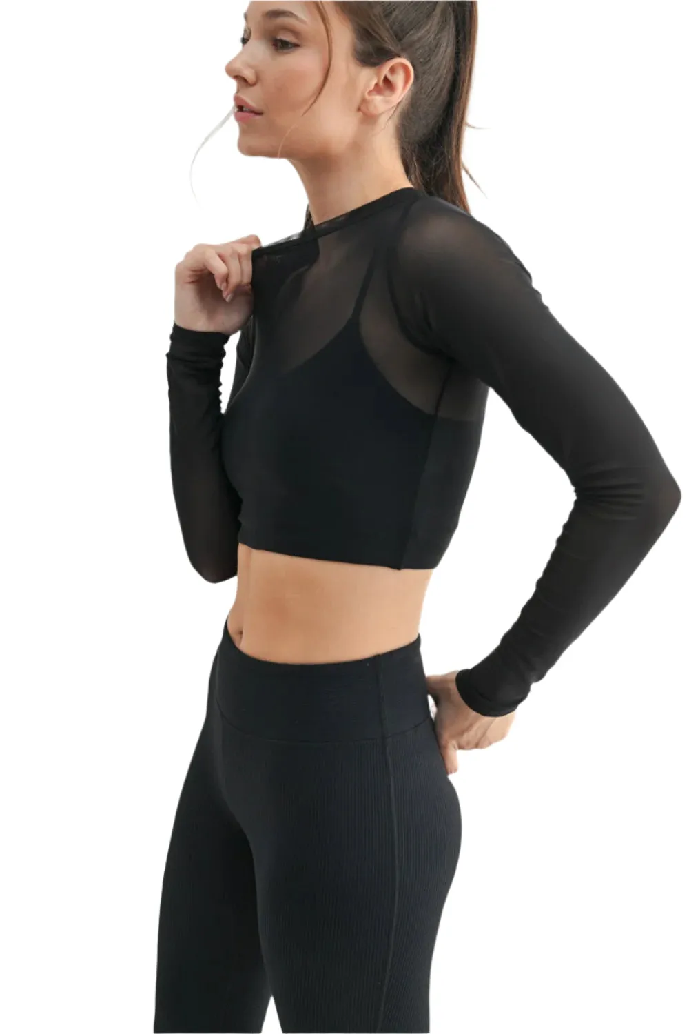 Mono B Durchsichtiges Mesh Langarm Crop Top mit Büstenhalter-Einlage ATR7302
