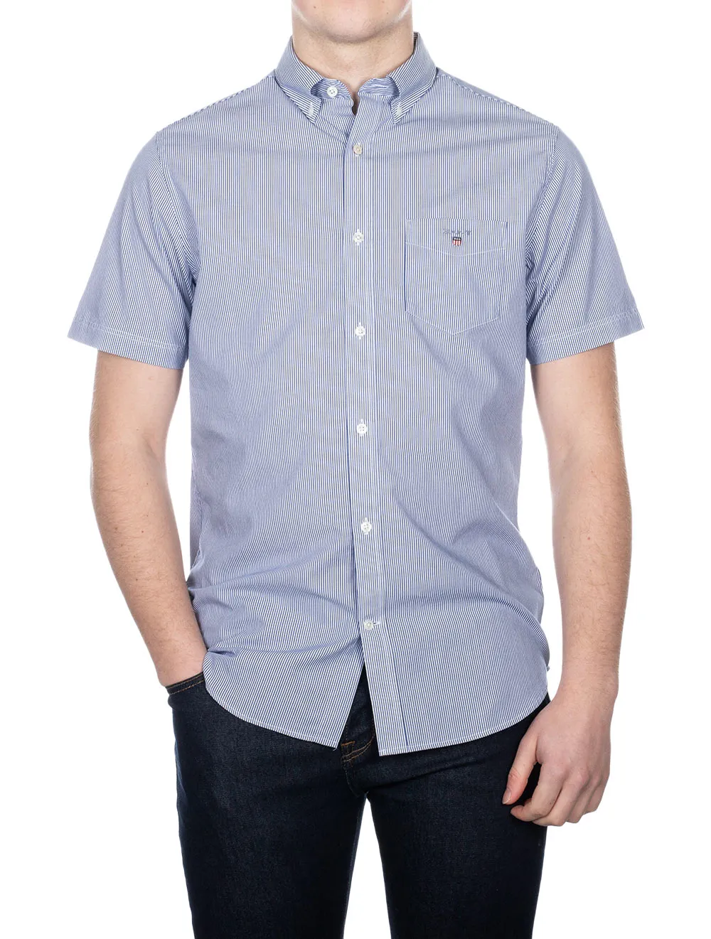 Regular Fit Broadcloth Banker Buttondown Kurzarmhemd College Blau