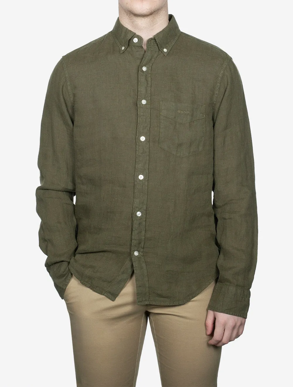 Regular Fit Garment Dyed Leinenhemd Wacholdergrün