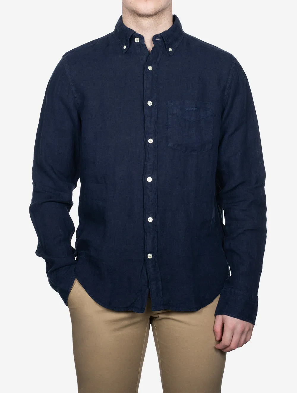 Regular Fit Garment Dyed Leinenhemd Marine