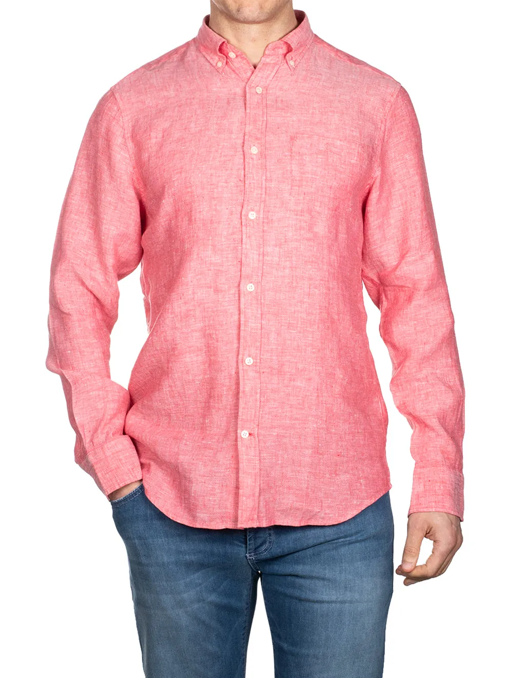 Regular Fit Leinenhemd mit Knopfleiste in Wassermelonen-Pink