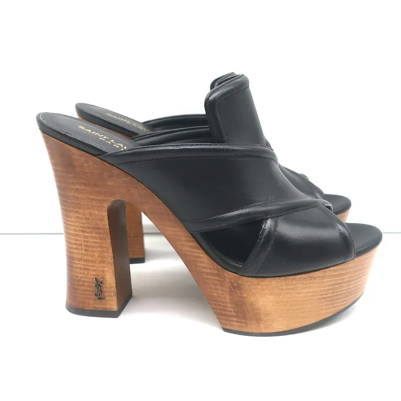 Saint Laurent Sandalen mit Kreuzriemen und Plateauabsatz aus schwarzem Leder Größe 37