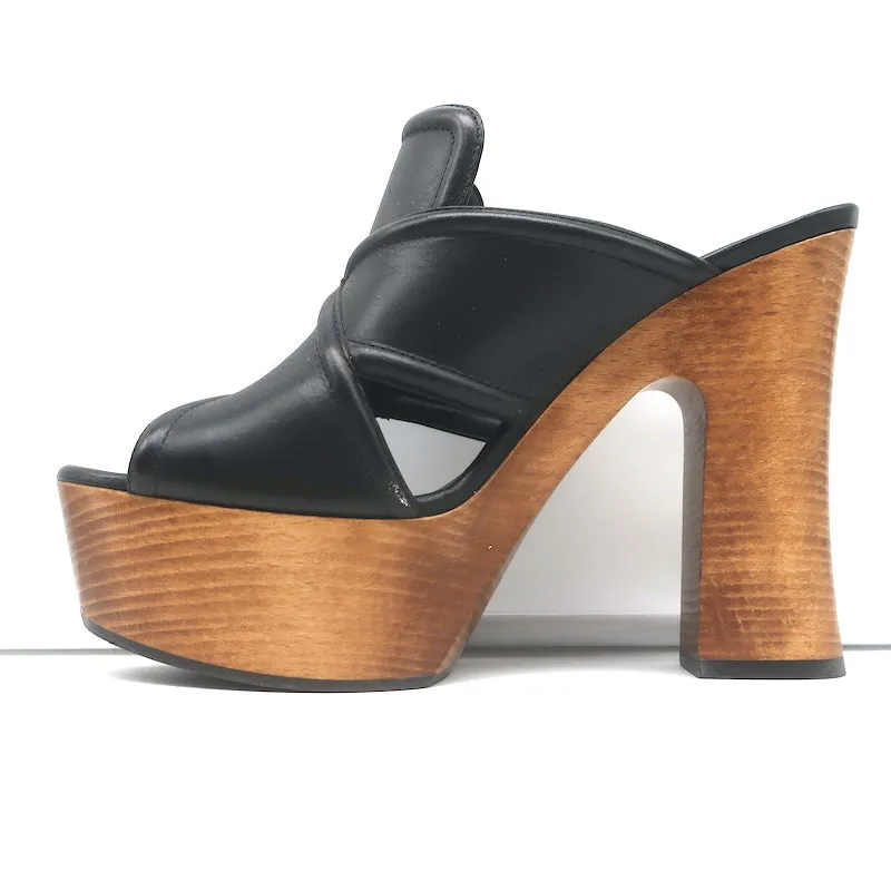 Saint Laurent Sandalen mit Kreuzriemen und Plateauabsatz aus schwarzem Leder Größe 37