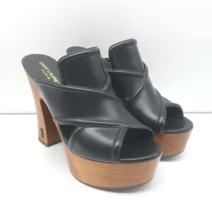 Saint Laurent Sandalen mit Kreuzriemen und Plateauabsatz aus schwarzem Leder Größe 37