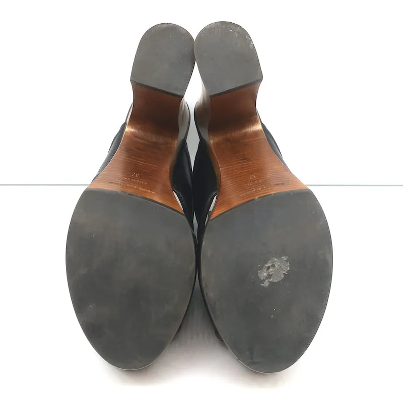 Saint Laurent Sandalen mit Kreuzriemen und Plateauabsatz aus schwarzem Leder Größe 37