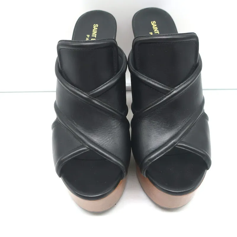 Saint Laurent Sandalen mit Kreuzriemen und Plateauabsatz aus schwarzem Leder Größe 37