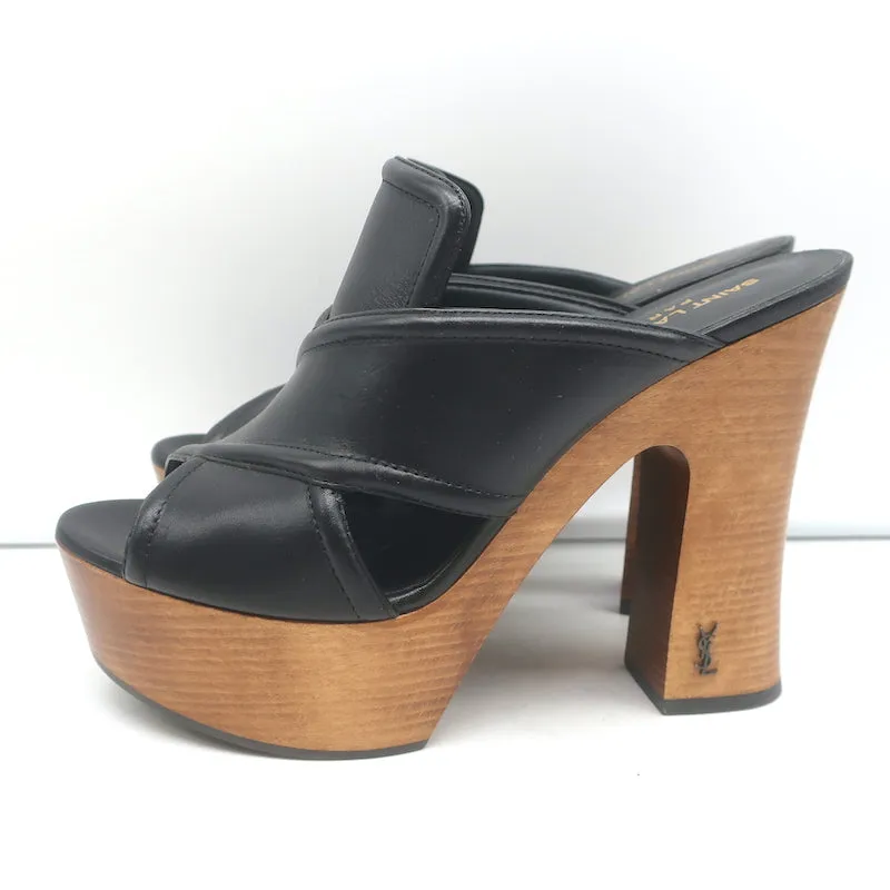 Saint Laurent Sandalen mit Kreuzriemen und Plateauabsatz aus schwarzem Leder Größe 37