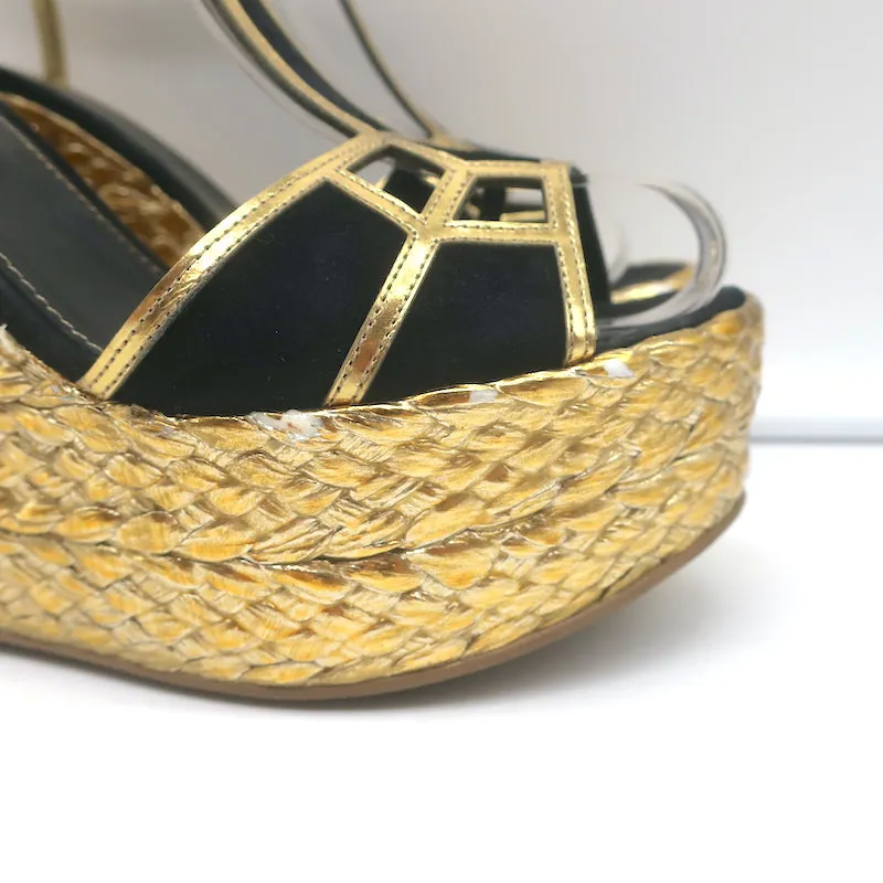 Sergio Rossi Espadrille Keil-Sandalen Easy Puzzle Schwarz Ausschnitt Wildleder Größe 37.5