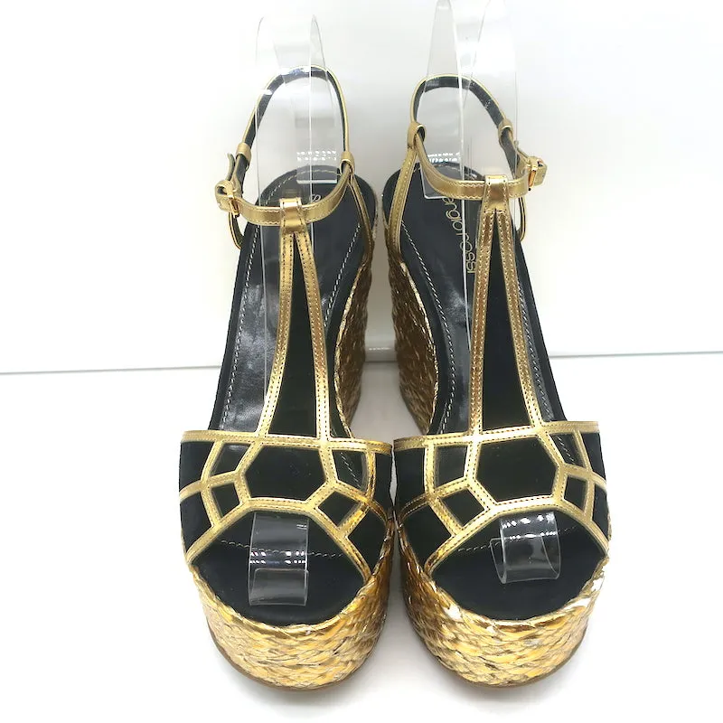 Sergio Rossi Espadrille Keil-Sandalen Easy Puzzle Schwarz Ausschnitt Wildleder Größe 37.5