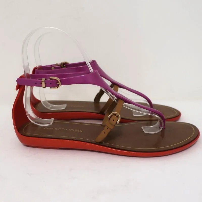 Sergio Rossi Jelly Sandals Cleo Lila/Rot/Braun Colorblock Größe 36 T-Band Flach