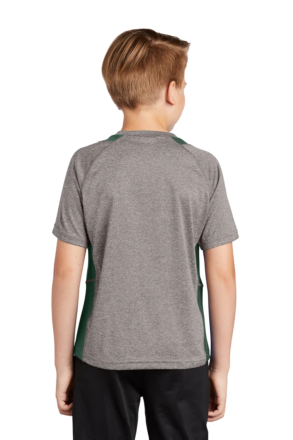 Sport-Tek Youth Contender Heather Feuchtigkeitstransportierendes Kurzarm-Crewneck-T-Shirt - Heather Vintage Grau/Waldgrün - Ausverkauf