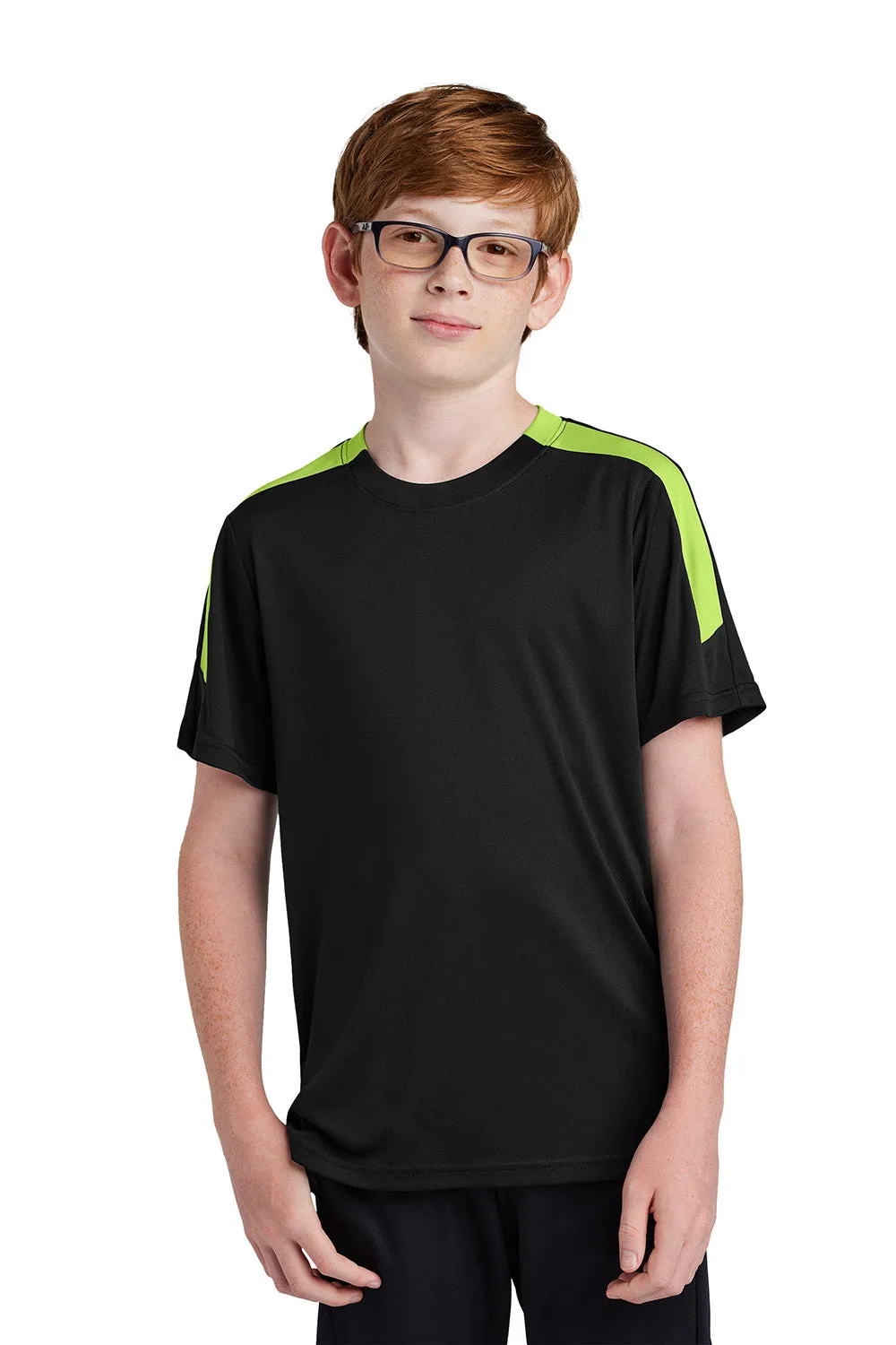 Sport-Tek Youth Feuchtigkeitstransportierendes Competitor United Kurzarm-Crewneck T-Shirt - Schwarz/Neongrün