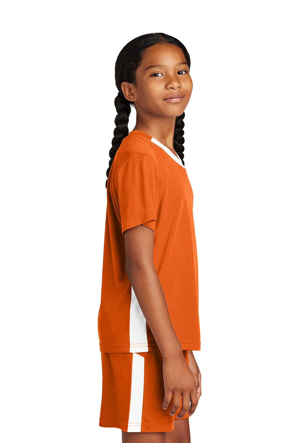 Sport-Tek Youth Feuchtigkeitstransportierender Wettkampf-V-Ausschnitt Kurzarm T-Shirt - Tieforange/Weiß