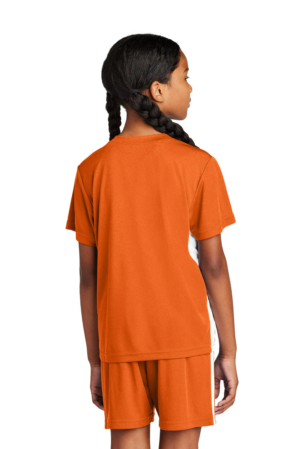 Sport-Tek Youth Feuchtigkeitstransportierender Wettkampf-V-Ausschnitt Kurzarm T-Shirt - Tieforange/Weiß