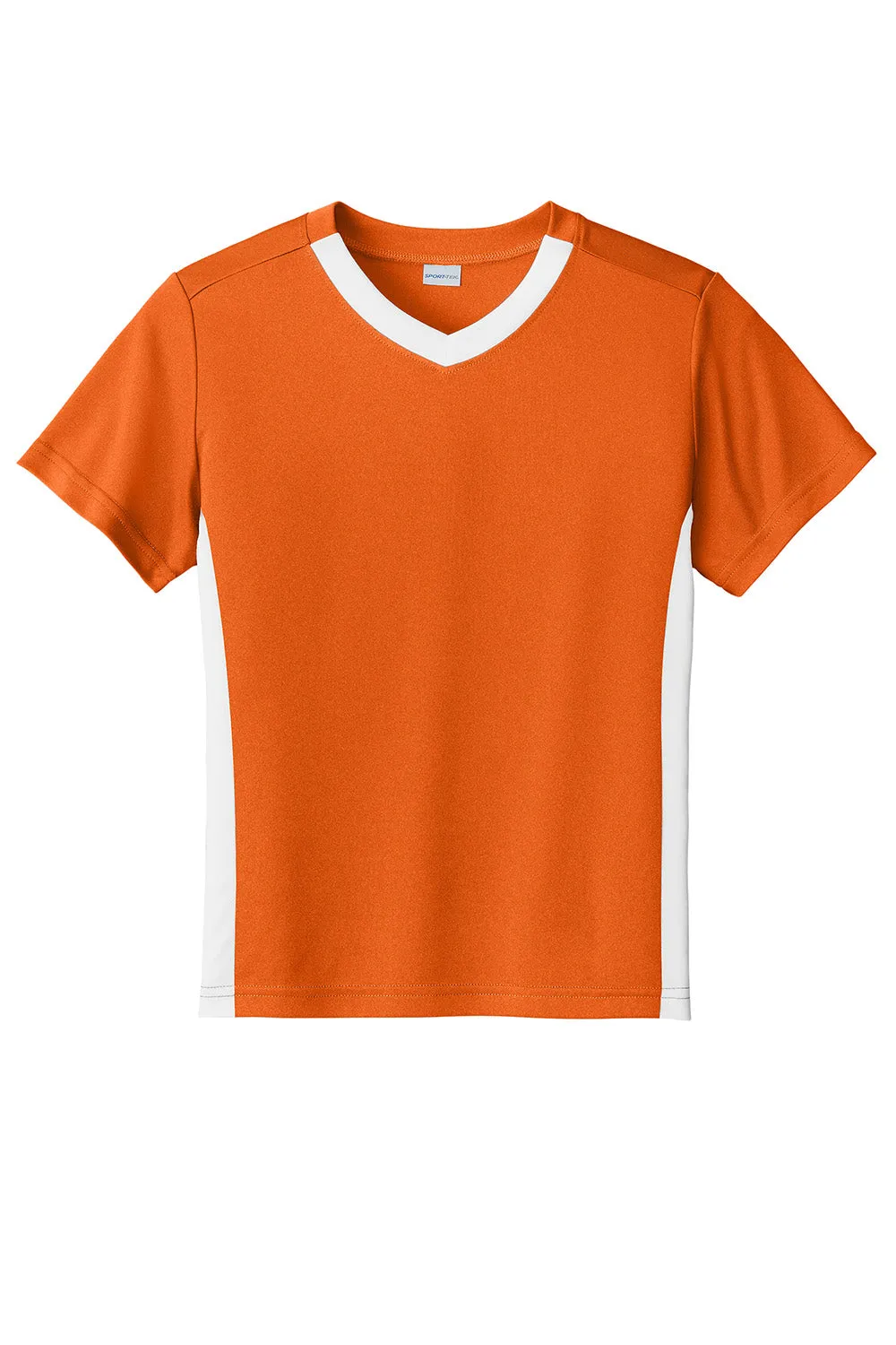 Sport-Tek Youth Feuchtigkeitstransportierender Wettkampf-V-Ausschnitt Kurzarm T-Shirt - Tieforange/Weiß