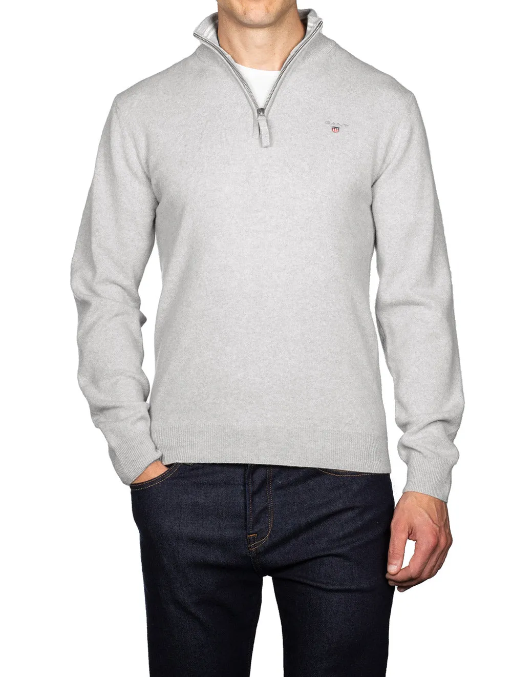 Superfeines Lambswool-Halbzip-Pullover Hellgrau Melange