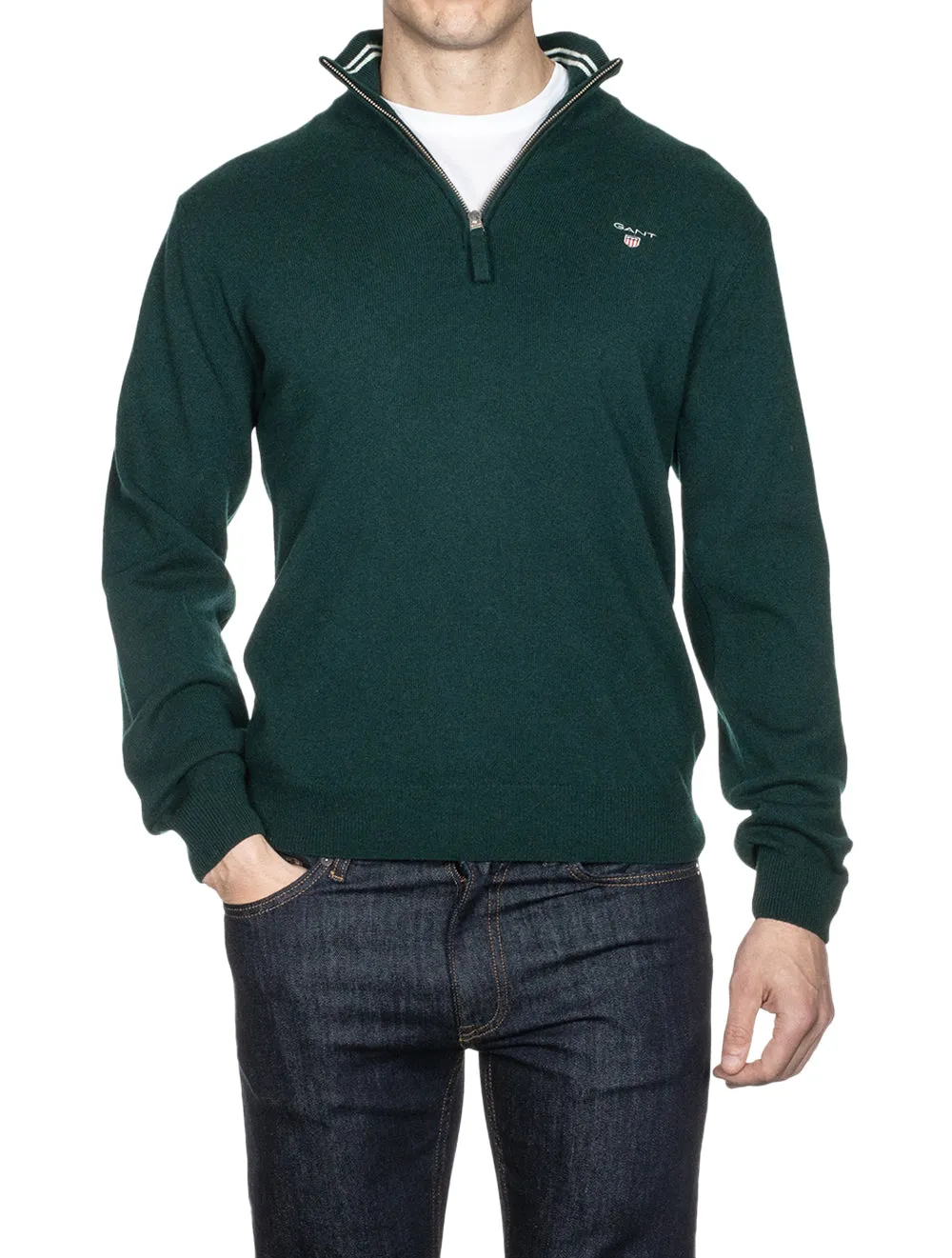 Superfeines Lambswool-Halbzip-Pullover in Tartan Grün