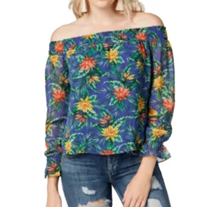 Damen Chiffon Top mit exotischem Tropenmuster, Blau