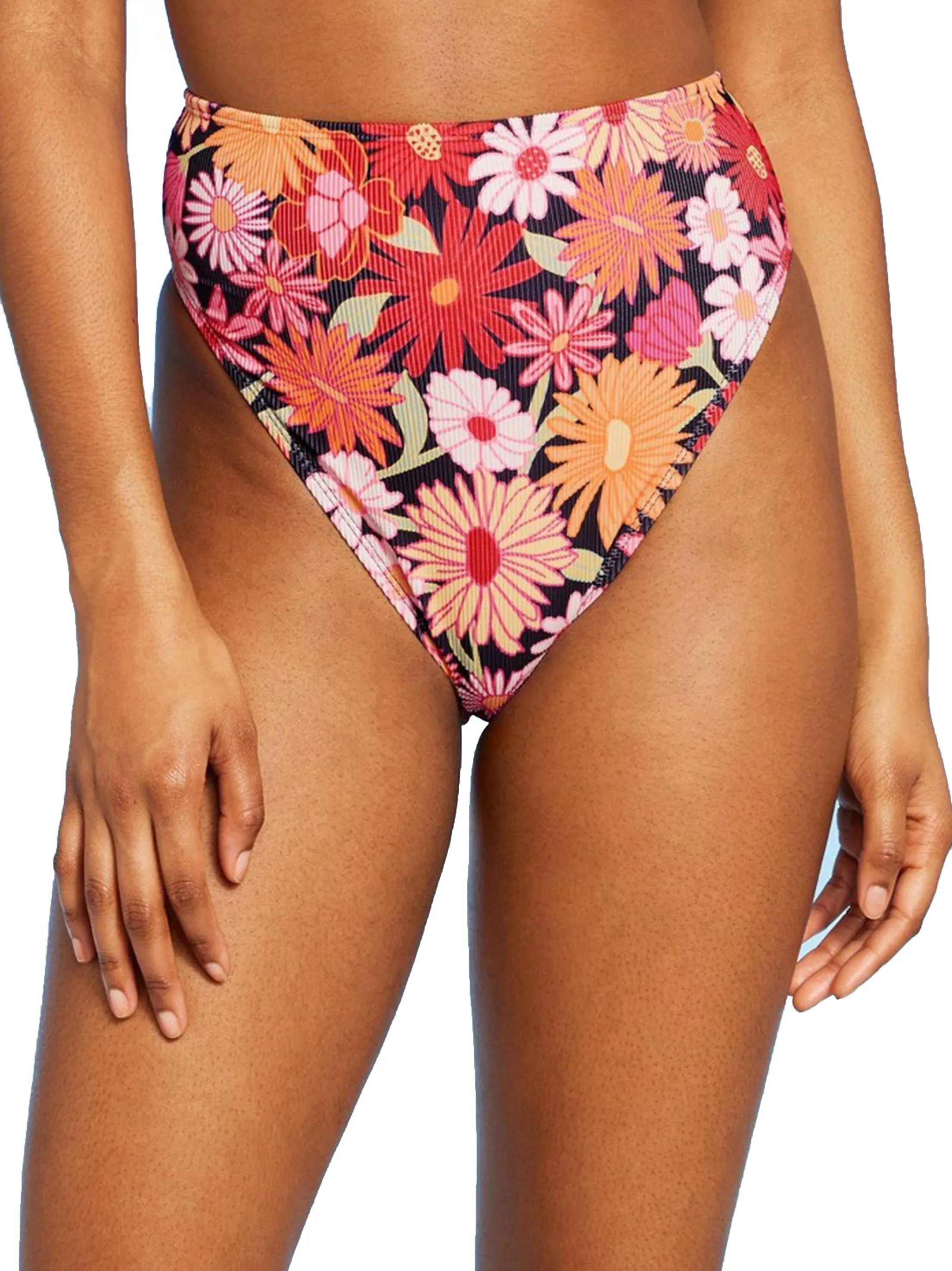 Damen-Bikiniunterteil mit Blumenprint und Rippstrick, Mehrfarbig