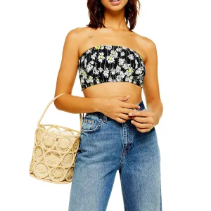 Damen Blumenmuster Rückenbindung Crop Top, Schwarz