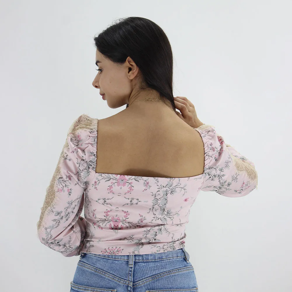 Damen Spitzenärmel gemustertes Top, Hellrosa
